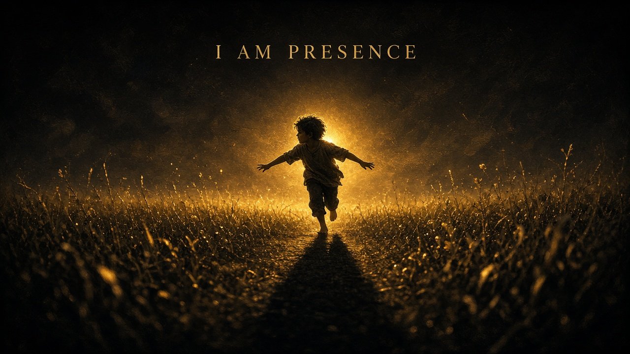 A child runs through golden grass toward his long shadow, backlit by the sun