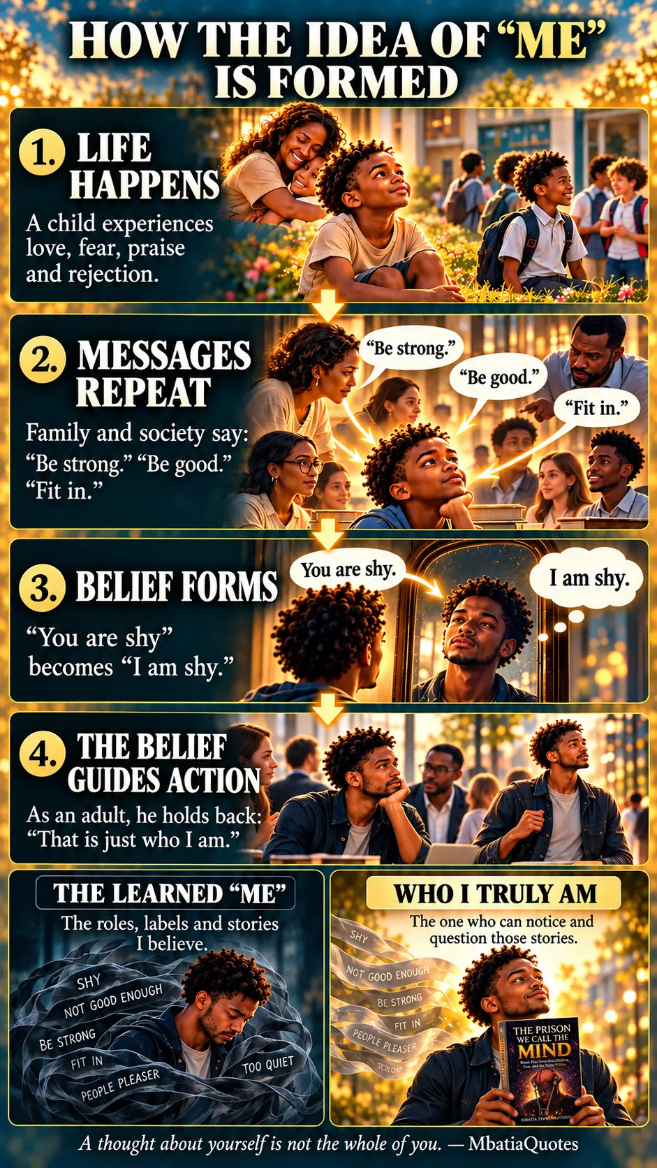 Illustrated stages showing how experience and repeated messages form the story we call me